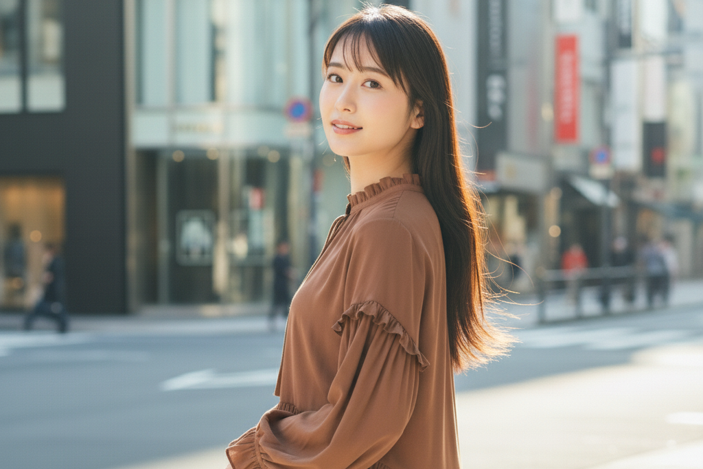 茶色の服を着た女性が振り向きざまに、相手を見つけて安心そうな顔でこちらを見てる