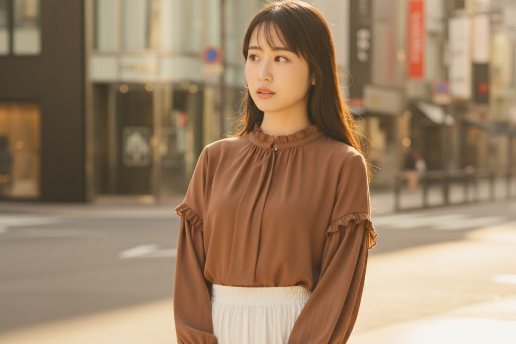 夕方近くの時間帯に茶色のトップスを着た女性が待ち合わせ場所で待っている