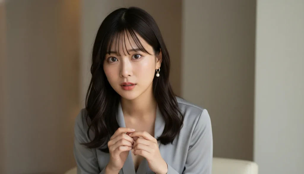 不思議そうな眼差しで甘えるような仕草でこちらを見ているグレーのブラウスを着た女性