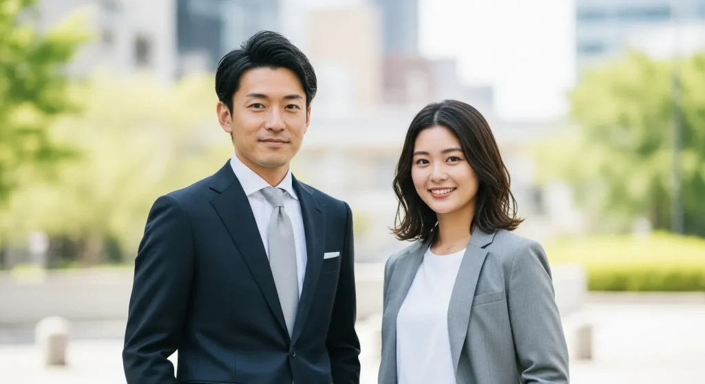 スーツを着用している交際クラブのスタッフ男性と女性のポートレート