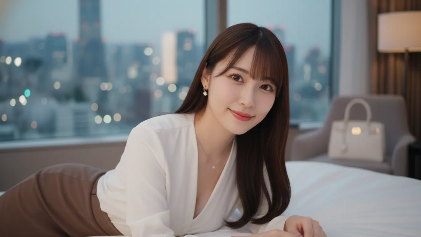 白いブラウスを着た女性が胸の谷間をみせつつ高級ホテルの一室のベッドで寝そべりながらこっちを見て微笑んでいるポートレート