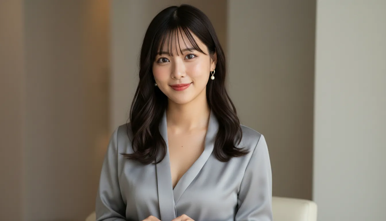 グレーのブラウスを着た女性が微笑んでいるポートレート