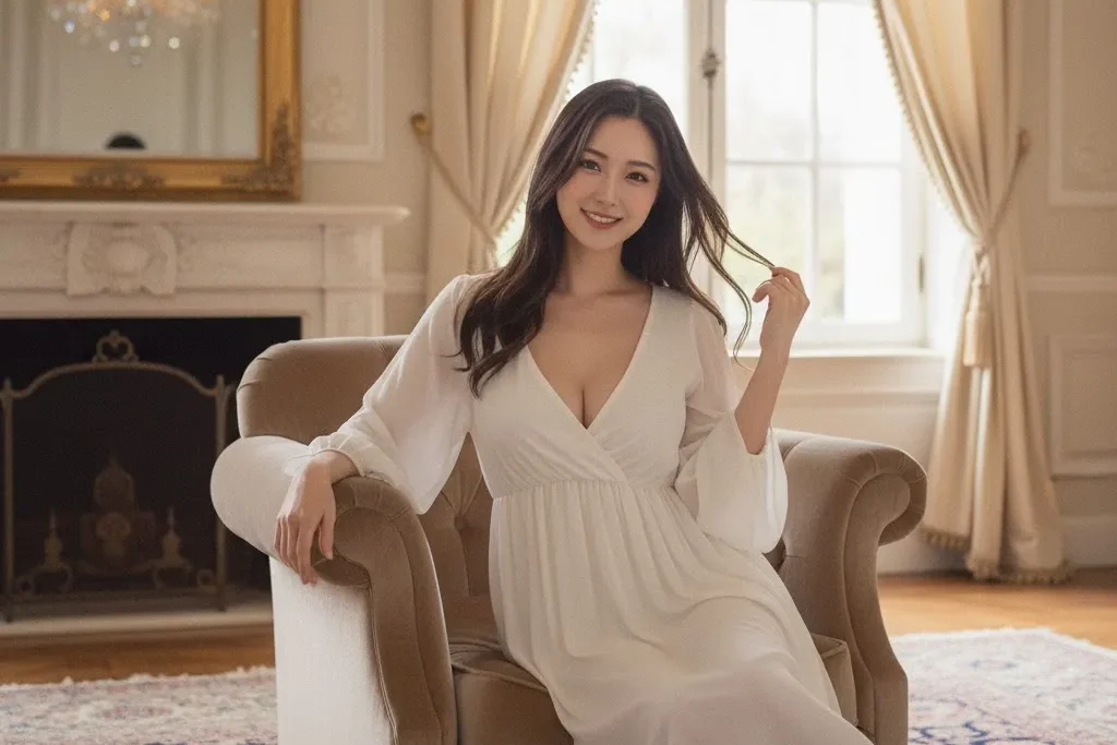 高級な室内に置かれている一人掛けのソファーに座っている、胸元の空いている白いドレスを着た女性の画像