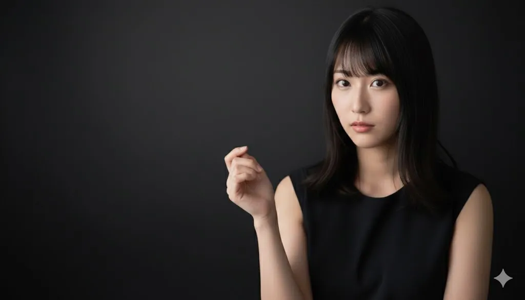 黒い背景に黒いワンピを着た女性が、手を少し上げている状態で佇んでいる画像