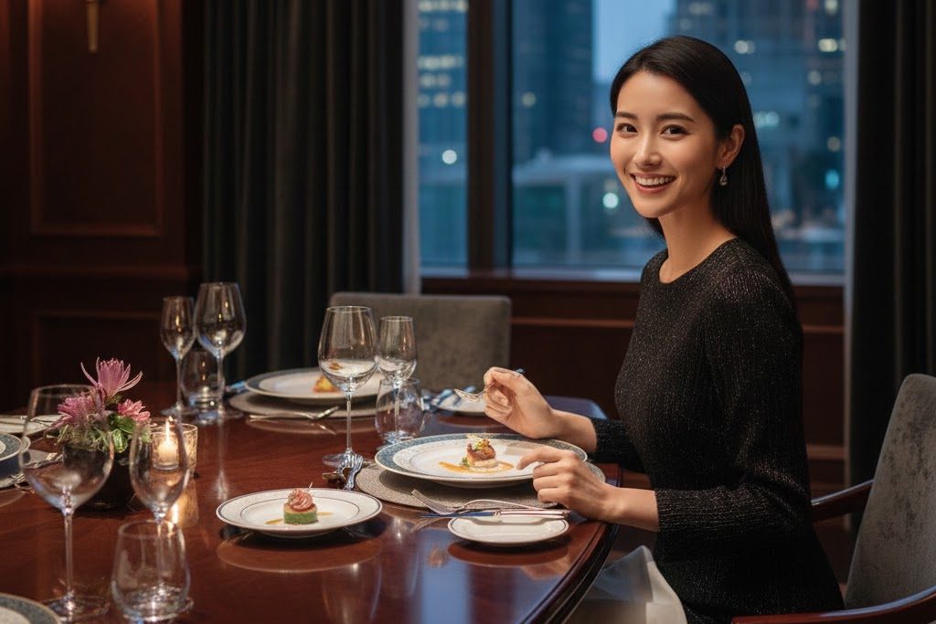 黒い服を着た女性が超高級な食材がだされるお店で食事をしているときの画像