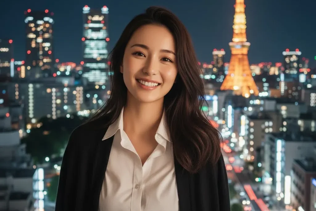 六本木の夜景を背景に黒いジャケット・白いワイシャツを着て笑顔で真正面に立っている女性の画像