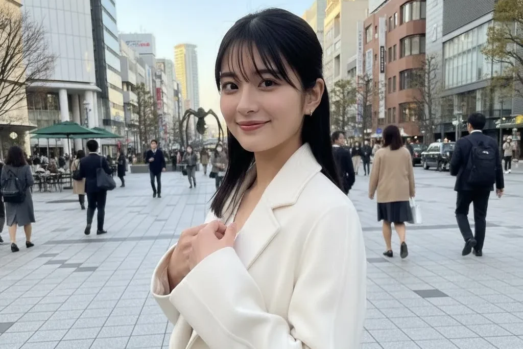 白いコードを着た女性が待ち合わせ場所で相手を見つけて笑顔になっている画像