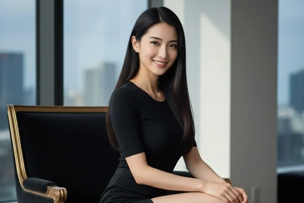 超高層マンションの部屋にある高級な椅子に座っている黒いワンピースの挑発の女性が笑っている画像