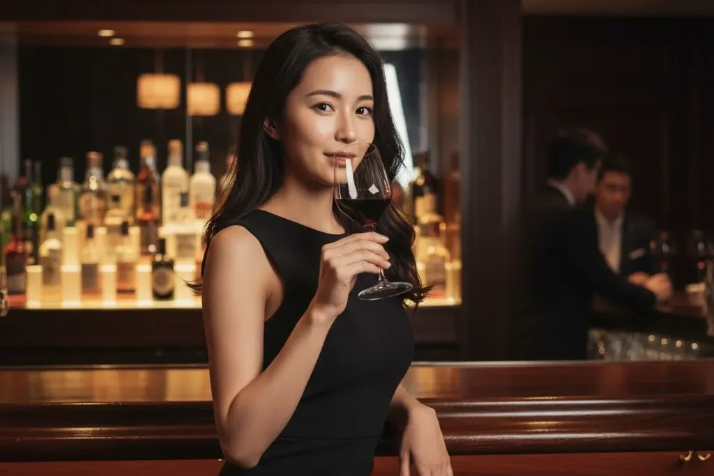 高級な会員制バーのカウンターで振り向きながら赤ワインを飲む黒いワンピースを着た女性の画像