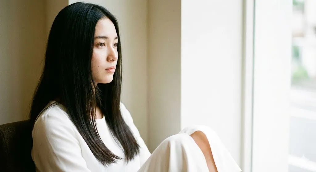 窓の外をぼーっと見て黄昏ている白い服を着た女性の画像