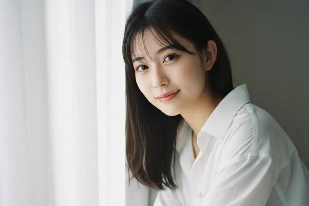 窓に身を任せて白いワイシャツを着た女性の画像