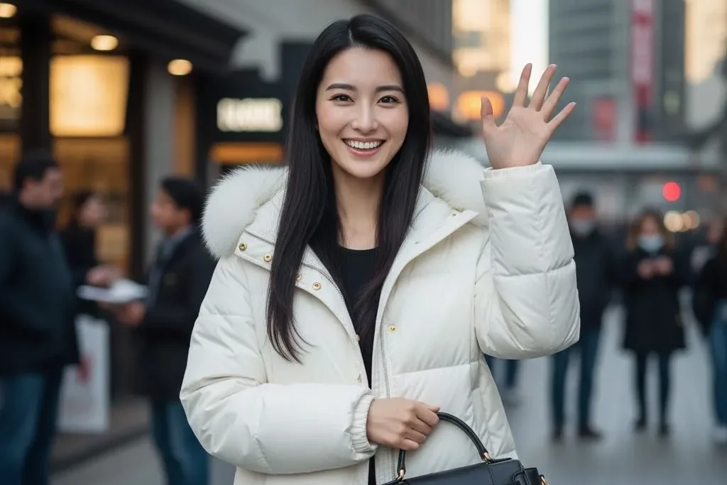 待ち合わせ場所で白いダウンコートを着て、相手を見つけて手を振っている女性の画像