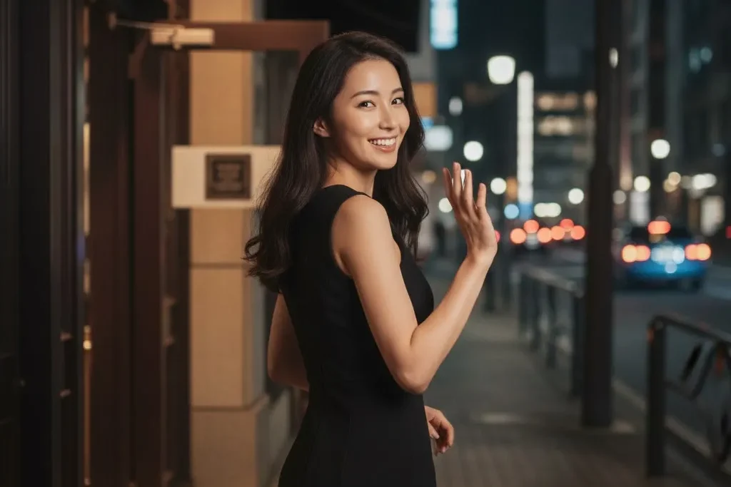 お店を出て笑顔で振り返りざまに手を振って別れる女性の画像