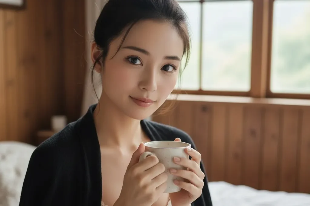 ベッドに黒いジャケットを羽織っているお団子頭の女性