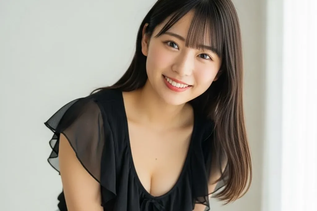 黒いトップスでサイズがGカップののせいで、胸の谷間が見えてしまっている笑顔の女性の画像