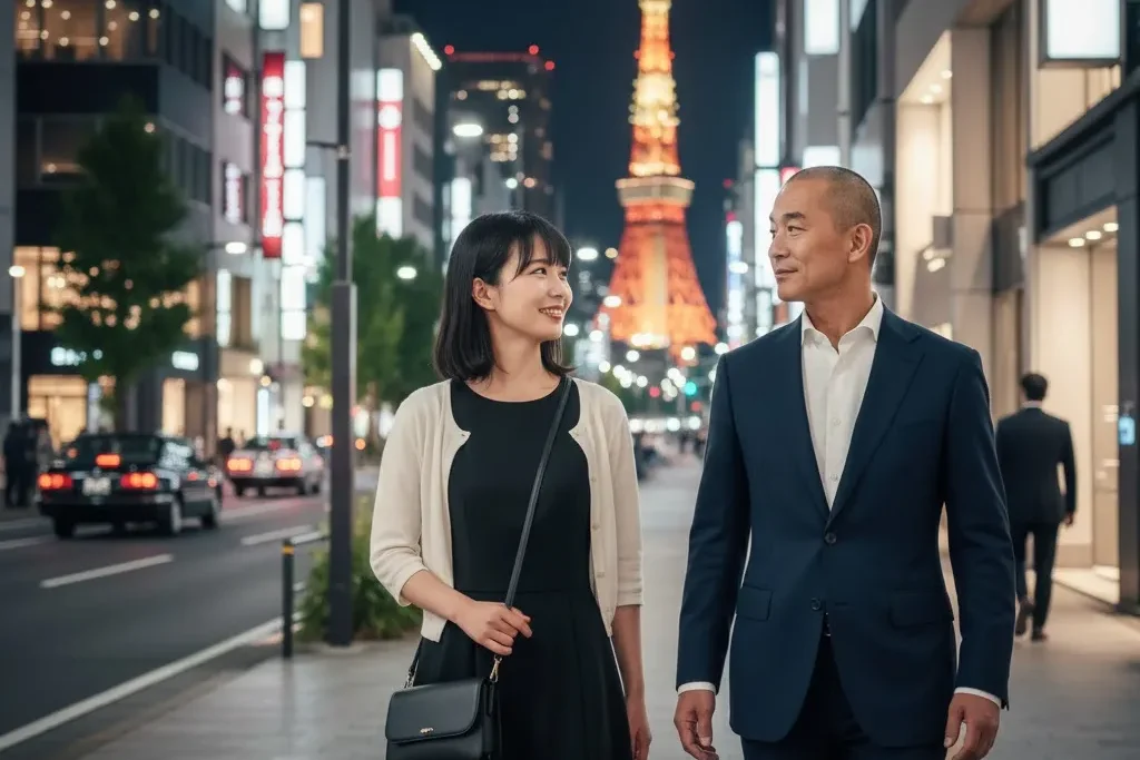 女性会員と男性(シゾン)と待ち合わせして一緒にお店まで徒歩で向かっている画像