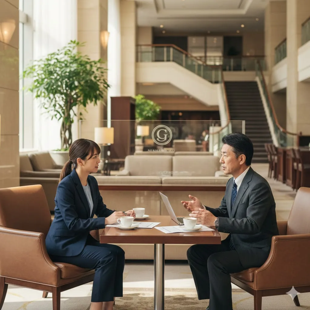 高級ホテルのラウンジカフェでカウンセリングを受ける男性と、その交際クラブのスタッフが話している画像