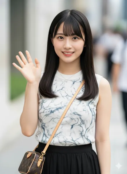 マーブルなデザインの服を着て、こちらに笑顔で手を振っている女性