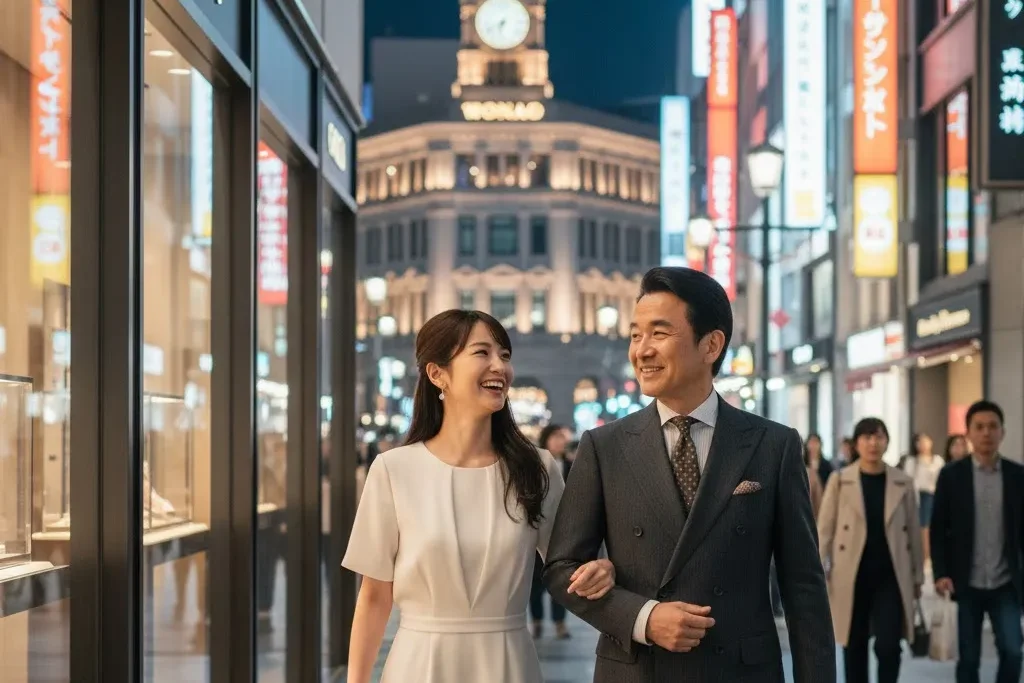 銀座を白い服を着た女性と経営者の男性が腕を組みながら笑顔で話ししながらデートをしている