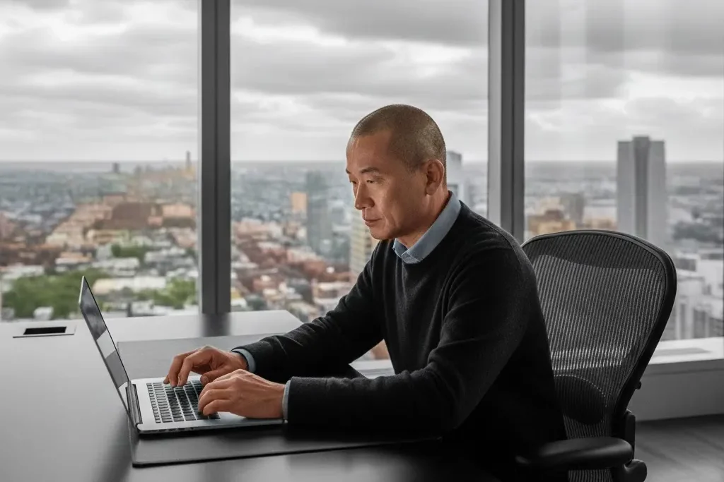 筆者のシゾンが、自宅のタワーマンションの書斎でブログ記事を書くためにノートパソコンを触っている画像