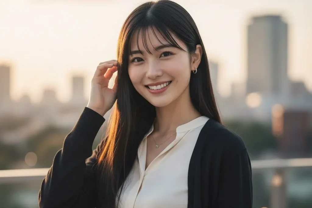 屋上の場所で、黄昏時の時間帯で都会の喧騒をバックに笑顔でこっちを見ている女性の画像