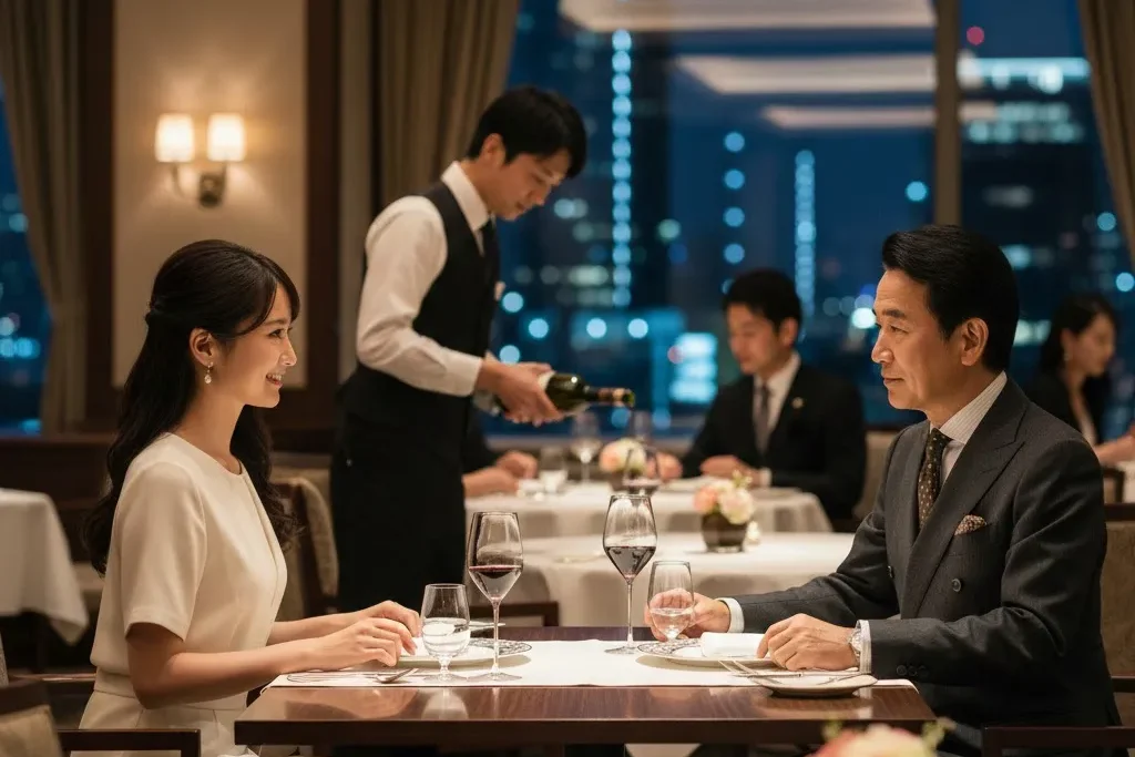 50代経営者の日本人男性が、高級レストランで20代女性と和気あいあいと食事をしている画像