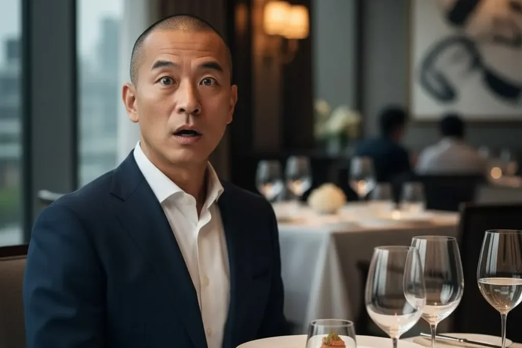 食事の席で驚きを隠せない男性の画像