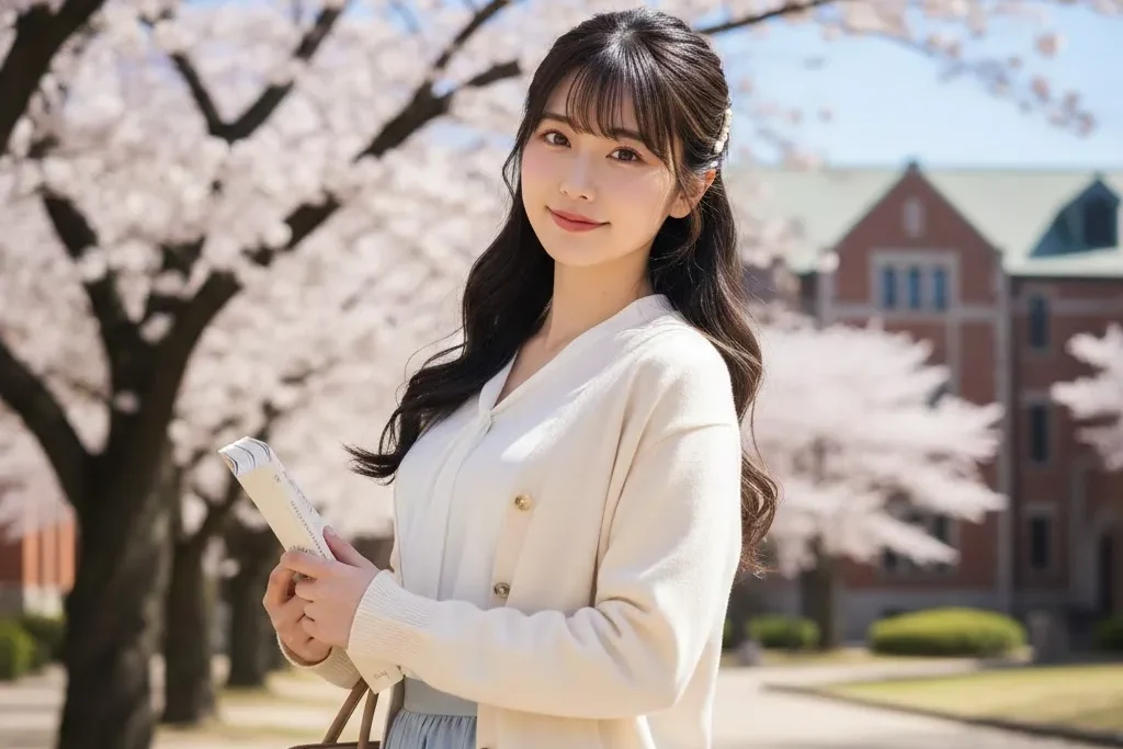 春の季節に学校を背景に立っている新入生の女性の画像