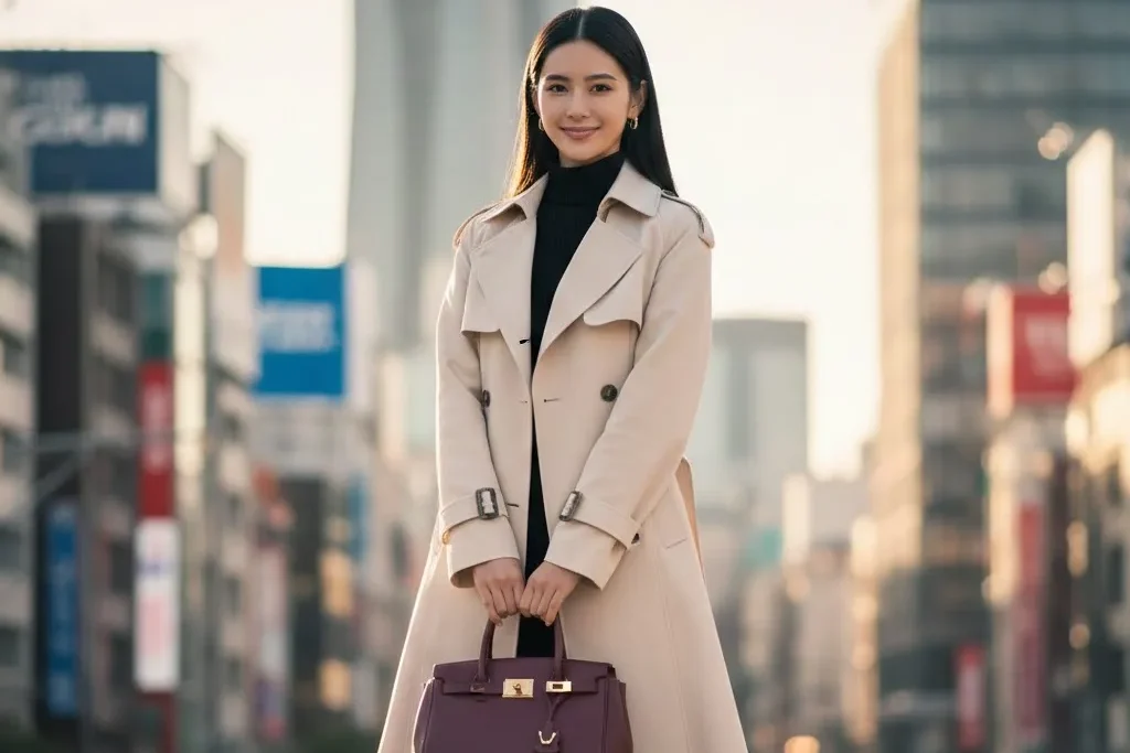 ベージュのコートに黒のニットを着た女性が待ち合わせ場所でこちらに気付き微笑んでいる画像