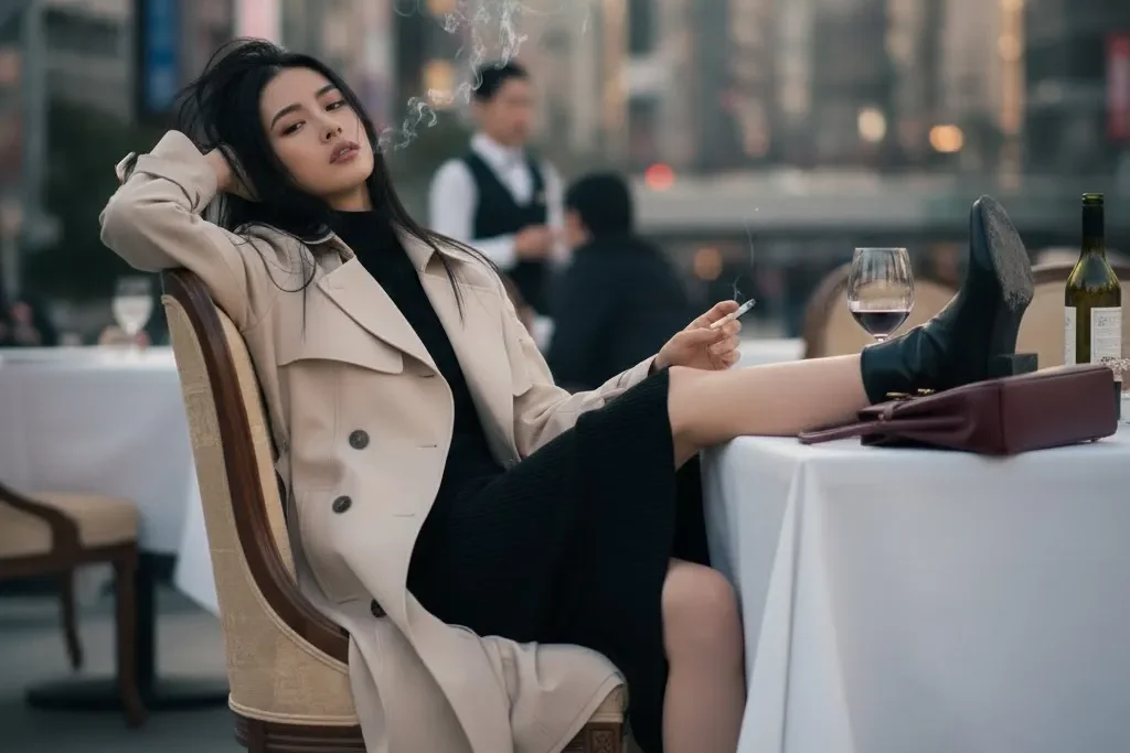 机に脚を載せ、態度悪くたばこを吸ってふてくされている女性の画像