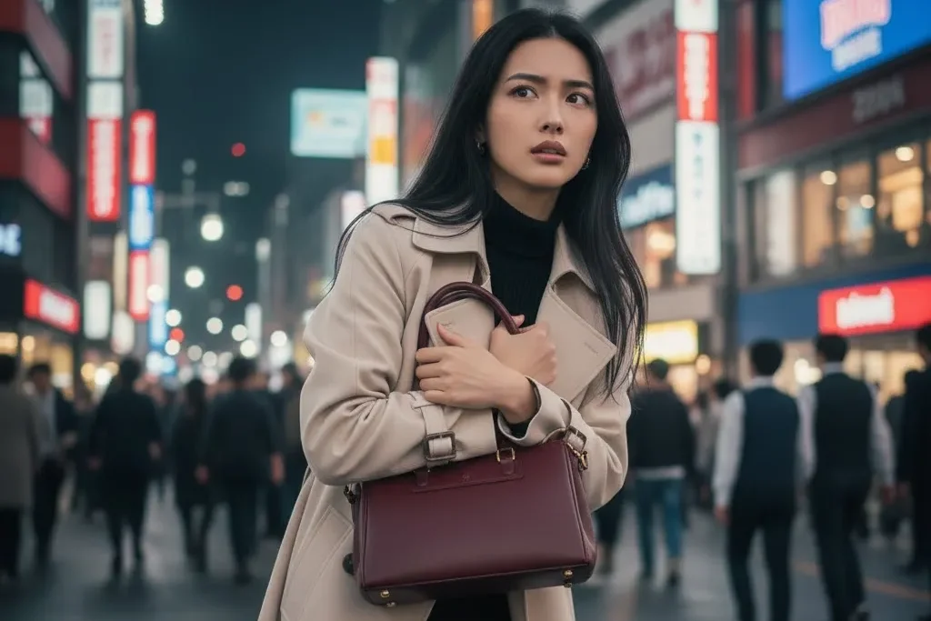 方向音痴な女性が、六本木の街中で迷子になって焦っている画像