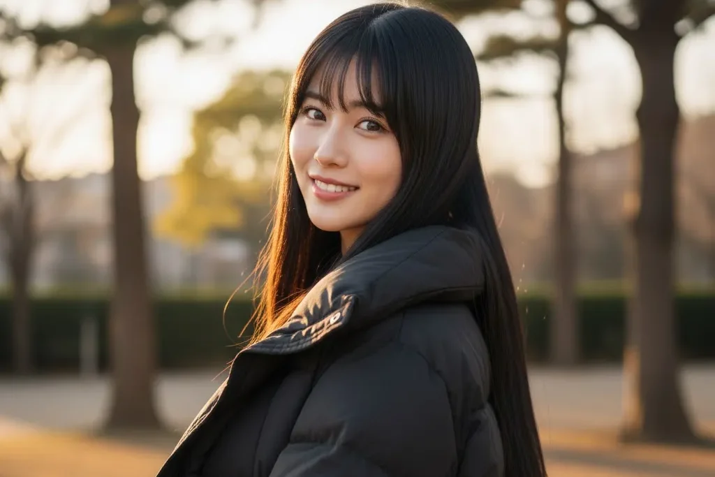 ダウンコートを着た女性がこちらを振り返りざまに見て微笑んでいる