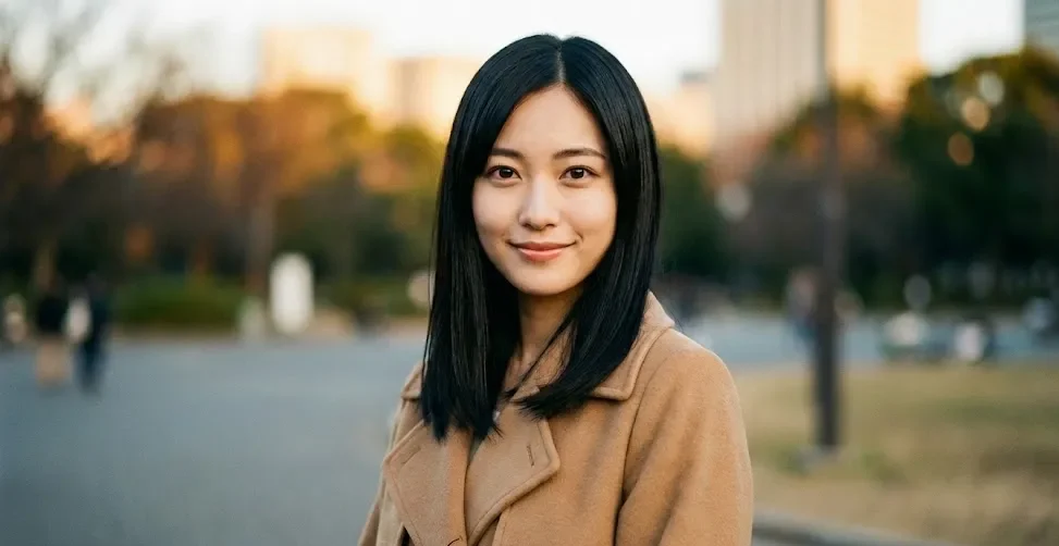 ベージュのコートをきた女性がこちらを見て微笑んでいる