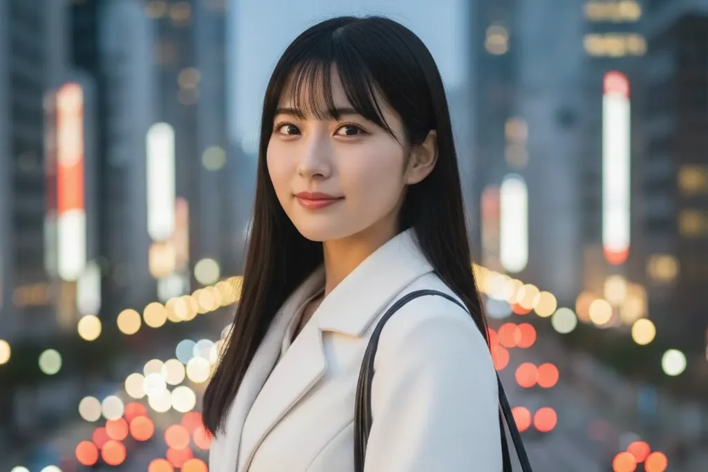 都会の喧騒を背景に白いコートを着た女性がこちらを見つめているポートレート画像