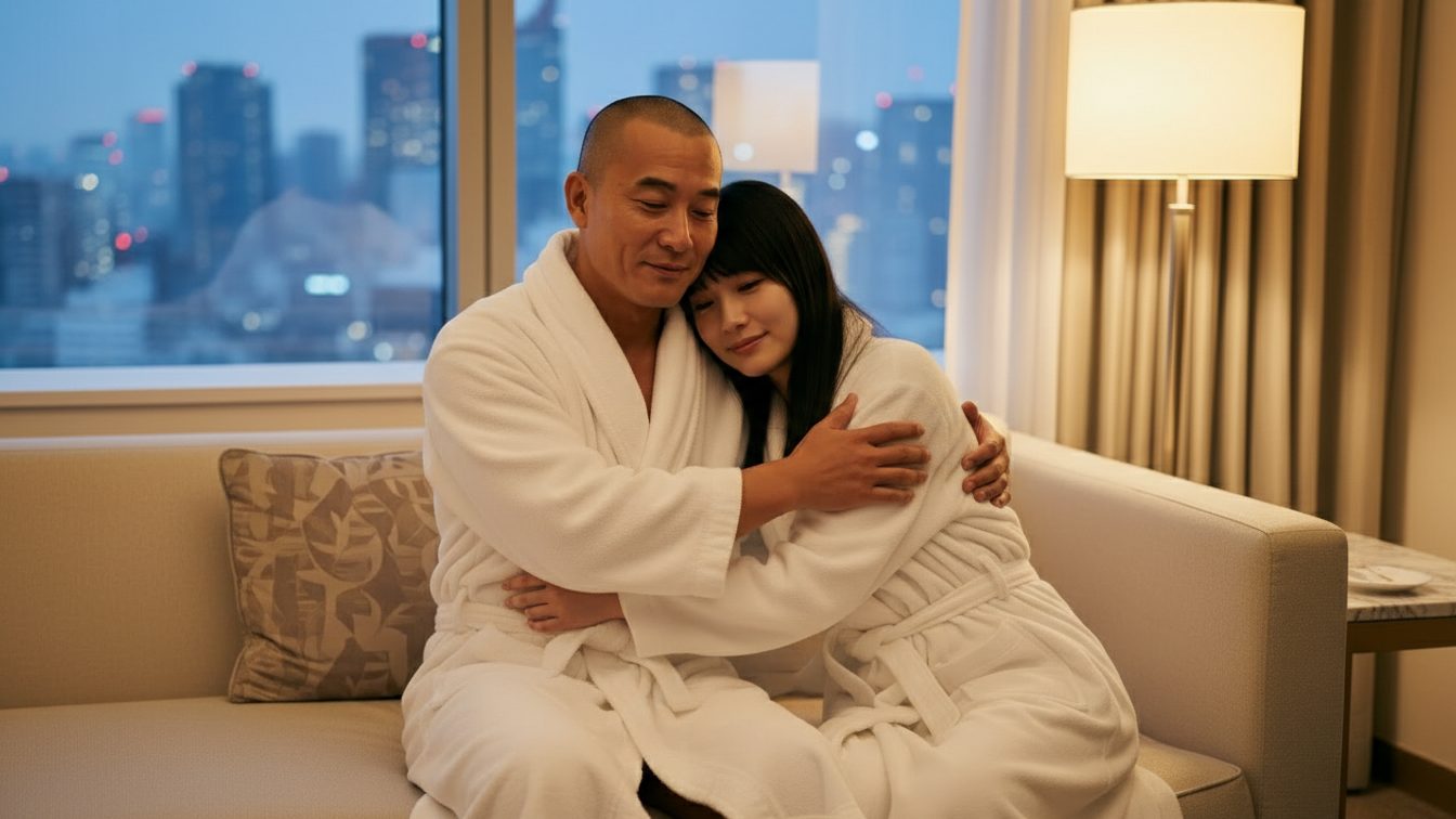 女性と男性が高級ホテルの一室で抱きしめ合っている