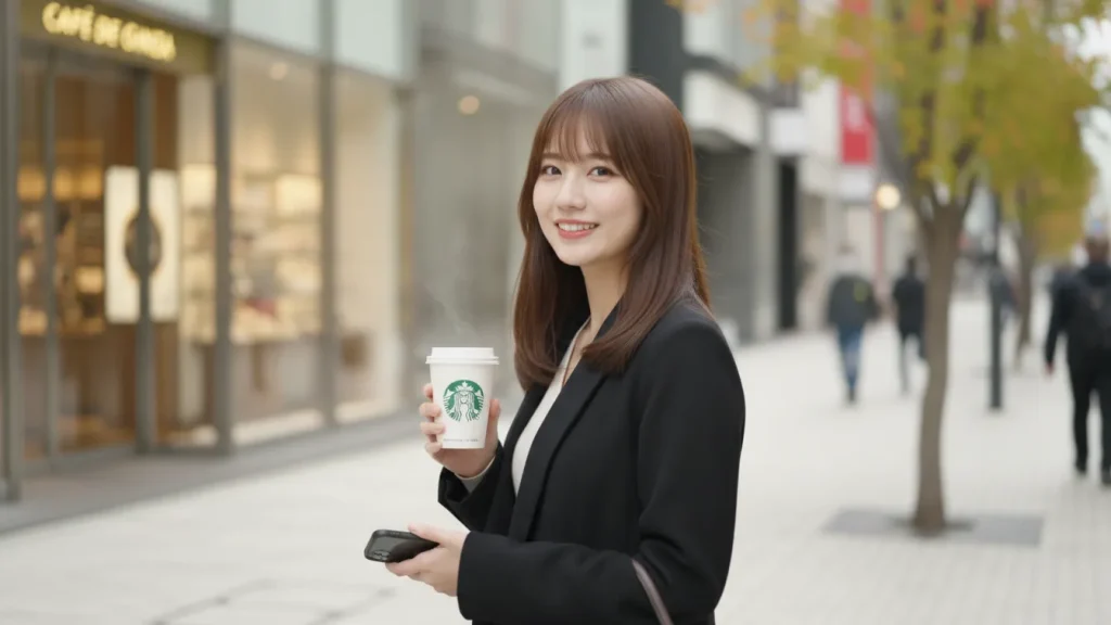 黒いコートを着て、スターバックスのカフェを持っている女性がこっちを向いている
