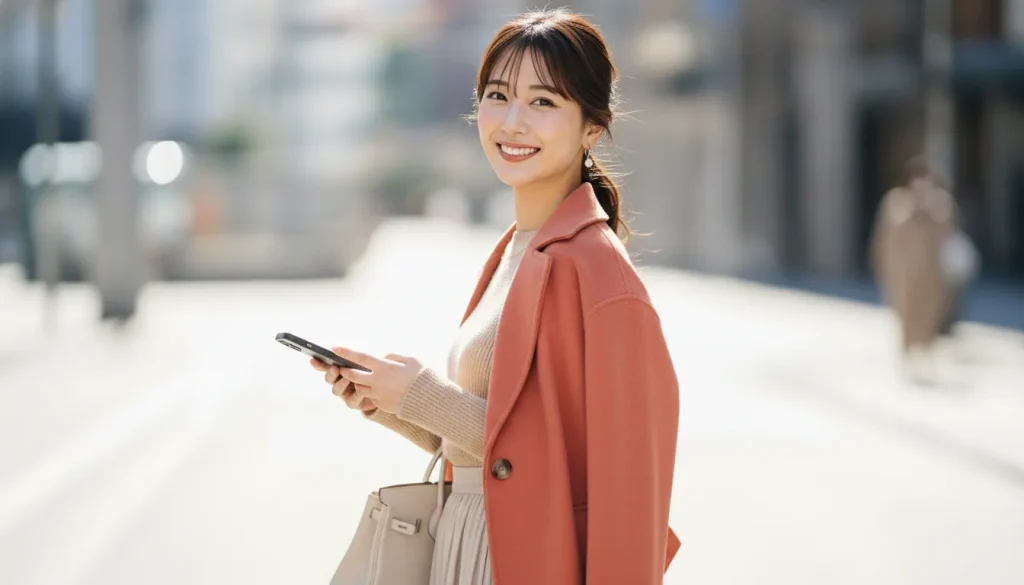 髪の毛をアップにして、赤いコート・ベージュのニットを着てこちらを笑顔で見ている女性のポートレート