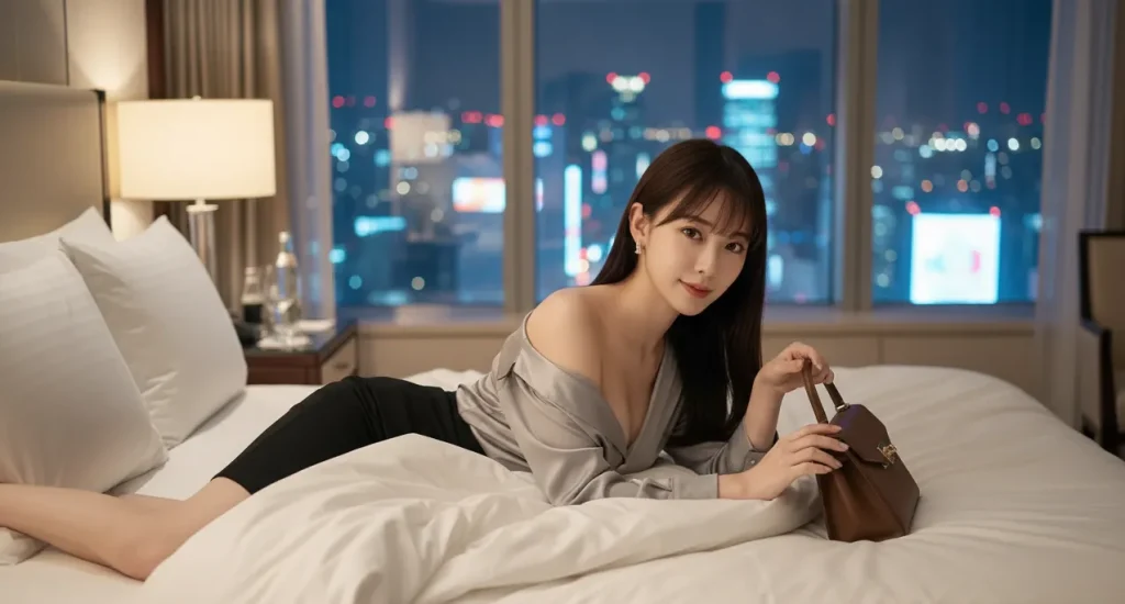 女性が高級ホテルの最上階の一室にあるベッドの上で少しはだけた状態で自分のカバンの中から避妊具を取り出す様子