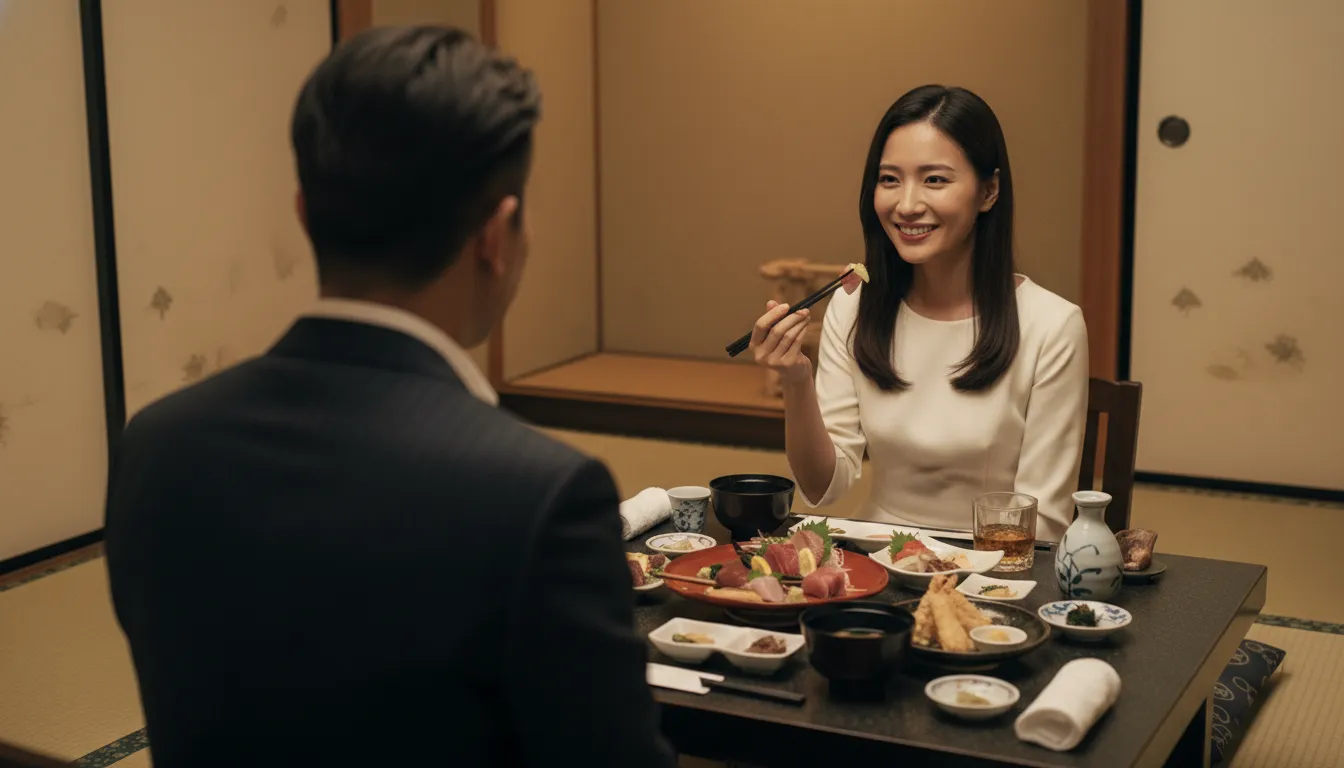 割烹料理の食事をしている男性と女性