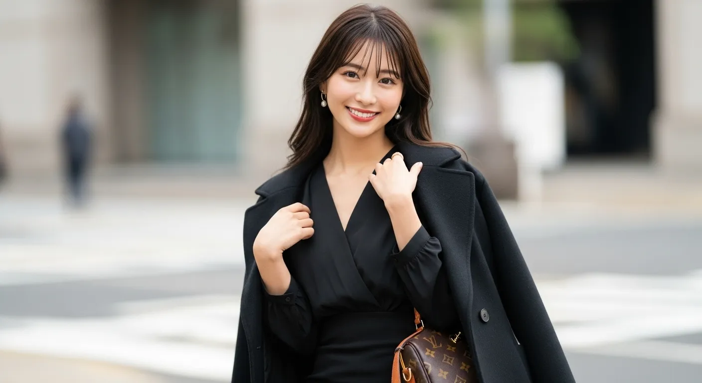 黒いコート、黒いブラウスを着ている女性