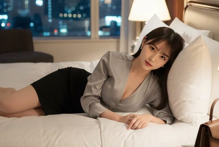 ベッドで寝そべっている女性