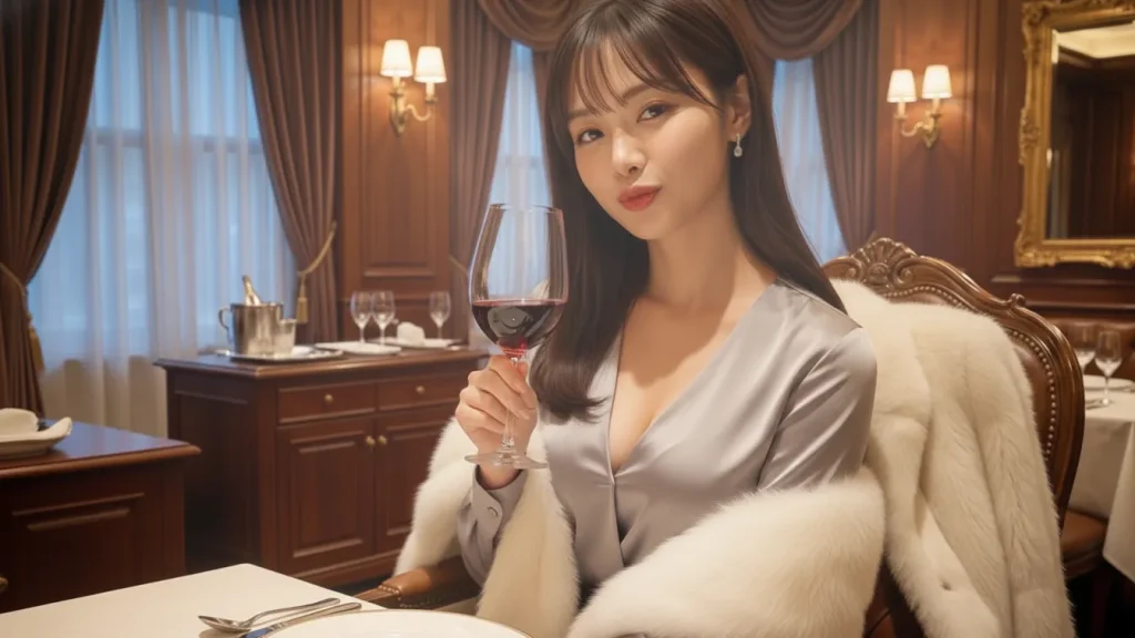 高級レストランでワイングラスを片手に甘える仕草をしている女性