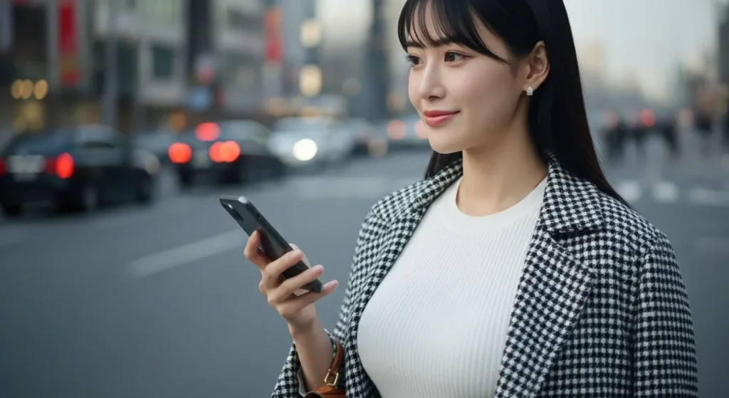 歩道でスマホを見ながら道を確認して歩いている女性