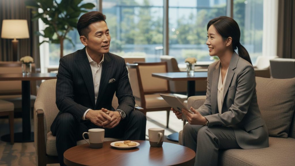 高級ホテルのラウンジカフェで、右側の男性とカジュアルなスーツを着た女性スタッフがインタビューを行っている。