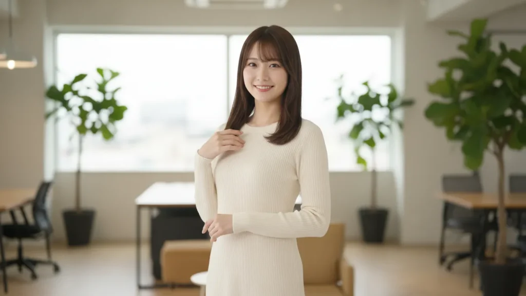 白いニットを着た女性がおしゃれなオフィスでポージングを取っているポートレート画像