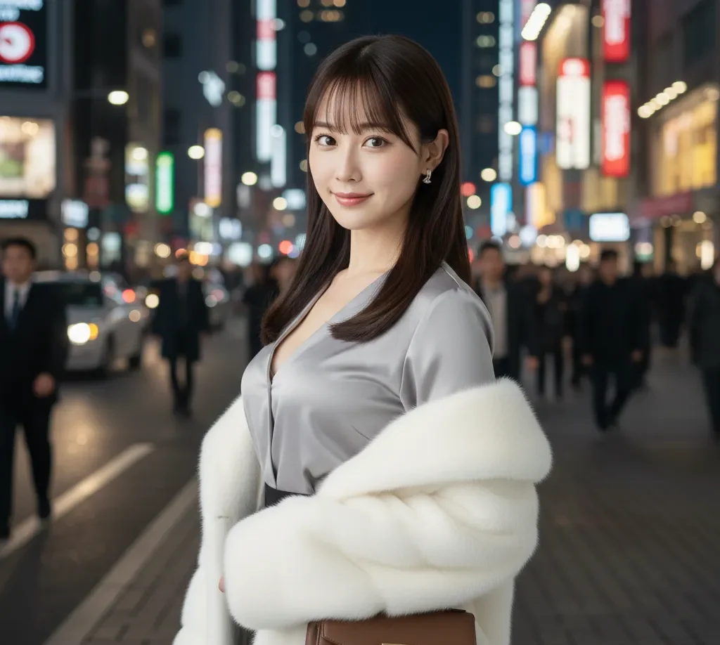 斜め４５度の向きで都会の喧騒を背景に、佇んでいる女性のポートレート