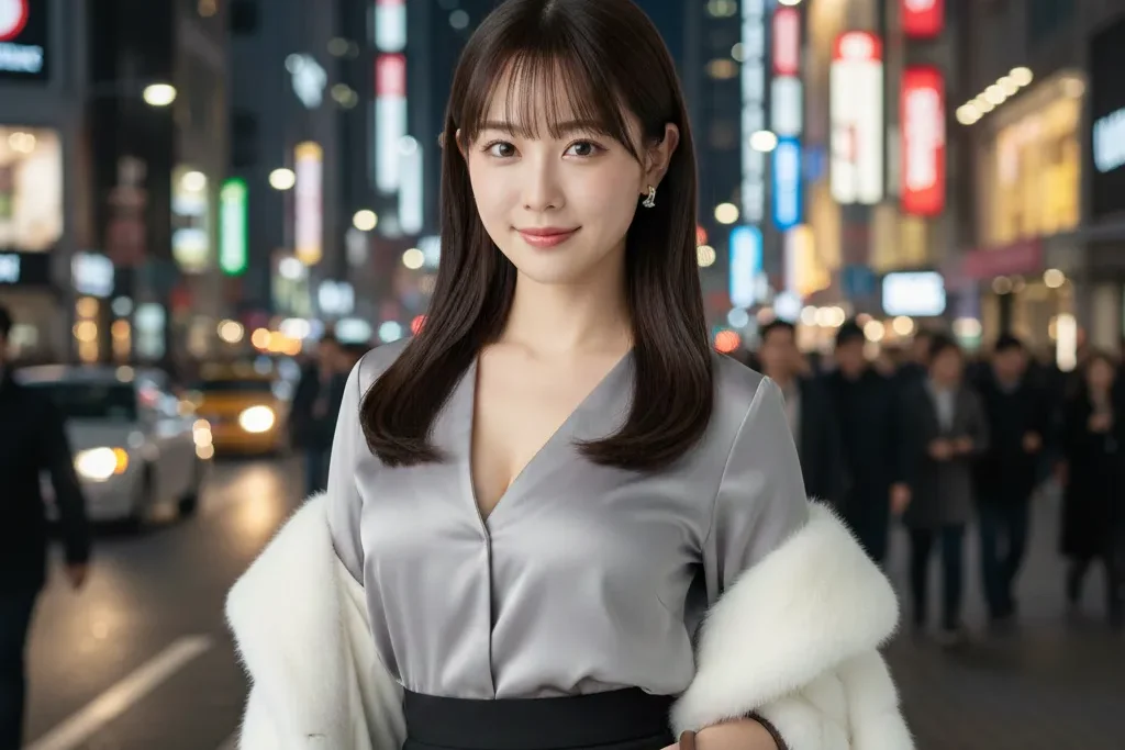 他界の喧騒に佇んでいる、ミンクのコートを脱ぎかけている女性のポートレート「