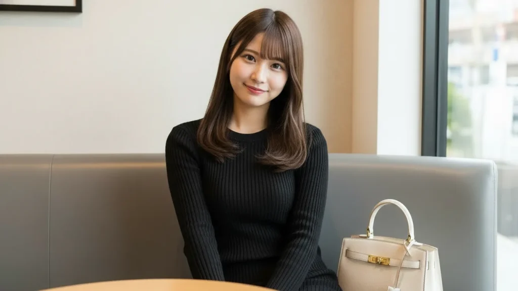 黒いニットワンピースを着た女性がこちらを見て頬見ながらカフェでお茶をしている。