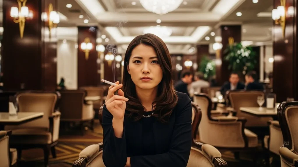 カフェで煙草を吹かせている女性の画像