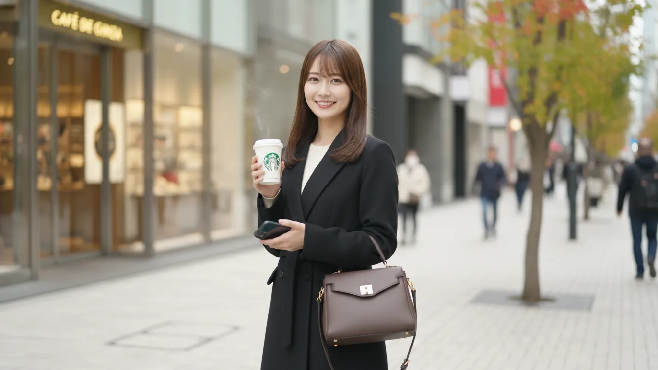 黒いコートを着せて、カフェの前に待ち合わせしている女性